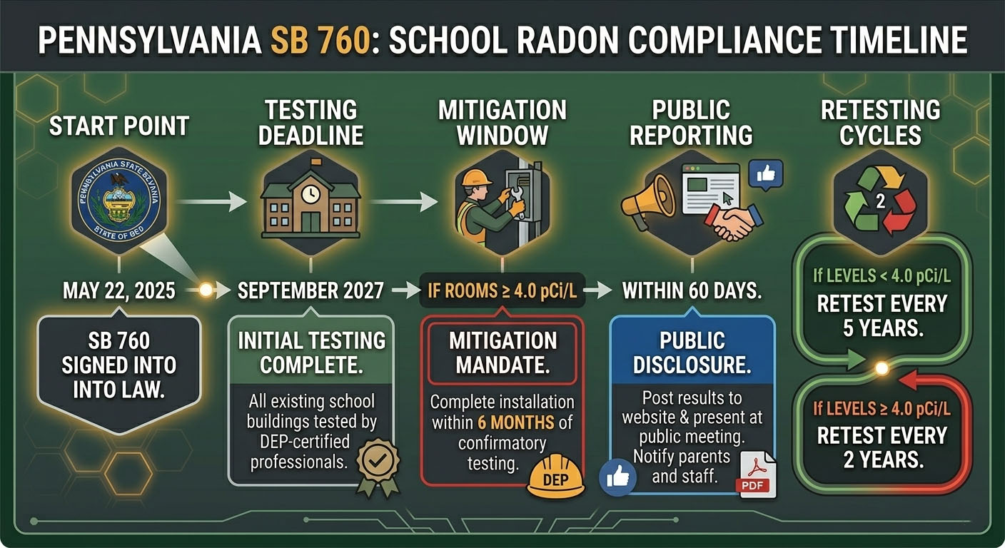 Compliance timeline for Pennsylvania Senate Bill 760, detailing school radon testing deadlines, 6-month mitigation windows for levels above 4.0 pCi/L, and ongoing retesting requirements